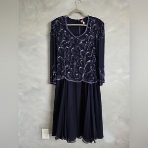 Vtg Lady Monica Elegant Silk Sequined Deep Purple Sheer Sleeve Dress L Mother